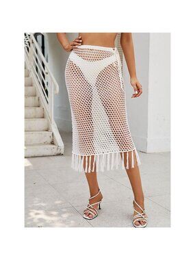 Sheer Crochet Knit Swim Cover-Up Skirt with Fringe